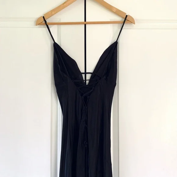 Meshki Slip Dress Cora Black Tie Back Slinky Cocktail Gown Long Bias Cut Size L - Picture 5 of 12